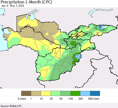 Central Asia Precipitation 1-Month (CPC) Thematic Map For 4/6/2024 - 5/5/2024