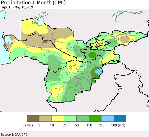 Central Asia Precipitation 1-Month (CPC) Thematic Map For 4/11/2024 - 5/10/2024
