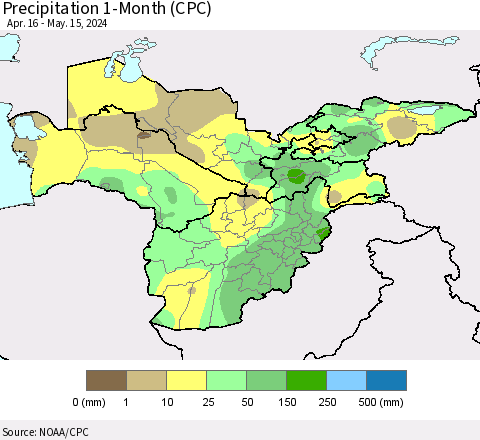 Central Asia Precipitation 1-Month (CPC) Thematic Map For 4/16/2024 - 5/15/2024