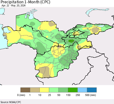 Central Asia Precipitation 1-Month (CPC) Thematic Map For 4/21/2024 - 5/20/2024