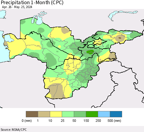 Central Asia Precipitation 1-Month (CPC) Thematic Map For 4/26/2024 - 5/25/2024