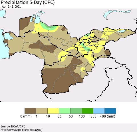Central Asia Precipitation 5-Day (CPC) Thematic Map For 4/1/2021 - 4/5/2021