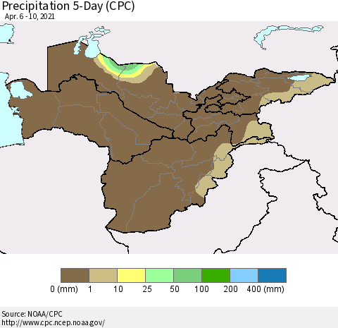 Central Asia Precipitation 5-Day (CPC) Thematic Map For 4/6/2021 - 4/10/2021