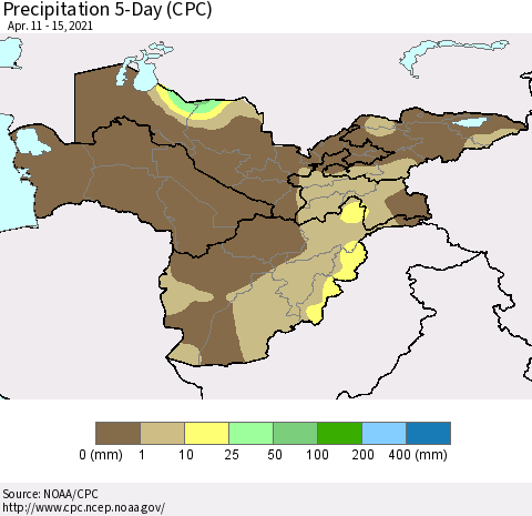 Central Asia Precipitation 5-Day (CPC) Thematic Map For 4/11/2021 - 4/15/2021