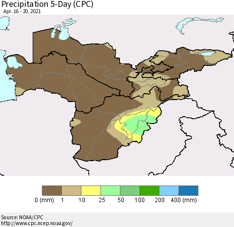 Central Asia Precipitation 5-Day (CPC) Thematic Map For 4/16/2021 - 4/20/2021