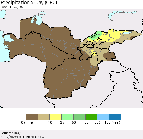 Central Asia Precipitation 5-Day (CPC) Thematic Map For 4/21/2021 - 4/25/2021