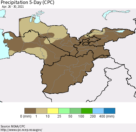 Central Asia Precipitation 5-Day (CPC) Thematic Map For 4/26/2021 - 4/30/2021