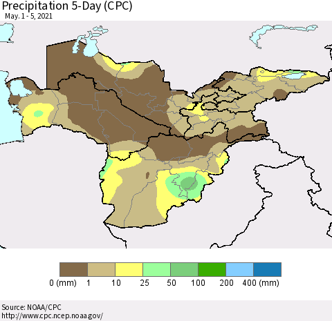 Central Asia Precipitation 5-Day (CPC) Thematic Map For 5/1/2021 - 5/5/2021