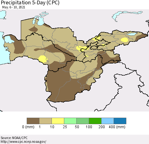 Central Asia Precipitation 5-Day (CPC) Thematic Map For 5/6/2021 - 5/10/2021