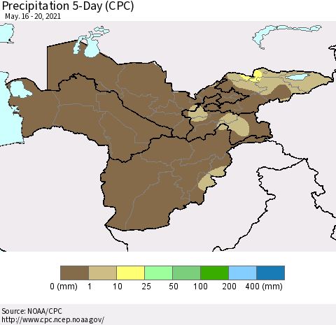 Central Asia Precipitation 5-Day (CPC) Thematic Map For 5/16/2021 - 5/20/2021