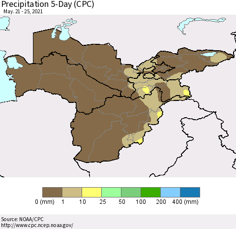Central Asia Precipitation 5-Day (CPC) Thematic Map For 5/21/2021 - 5/25/2021