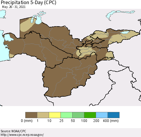 Central Asia Precipitation 5-Day (CPC) Thematic Map For 5/26/2021 - 5/31/2021