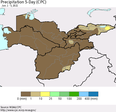 Central Asia Precipitation 5-Day (CPC) Thematic Map For 6/1/2021 - 6/5/2021