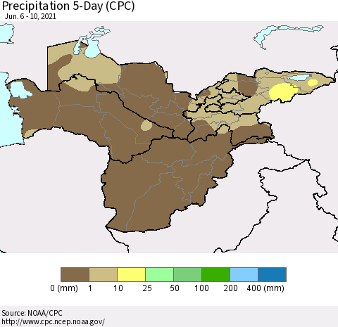 Central Asia Precipitation 5-Day (CPC) Thematic Map For 6/6/2021 - 6/10/2021