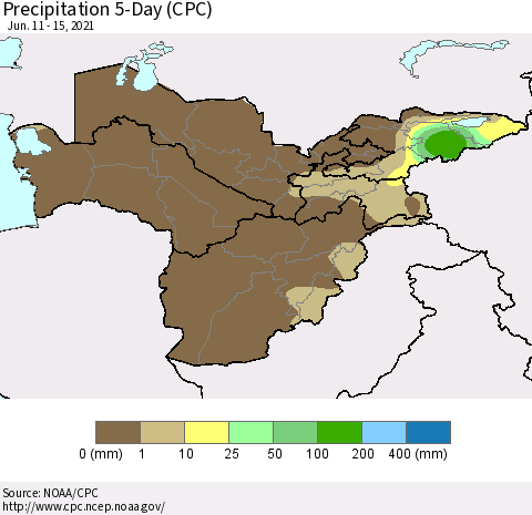 Central Asia Precipitation 5-Day (CPC) Thematic Map For 6/11/2021 - 6/15/2021