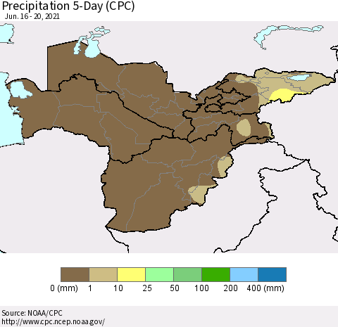 Central Asia Precipitation 5-Day (CPC) Thematic Map For 6/16/2021 - 6/20/2021