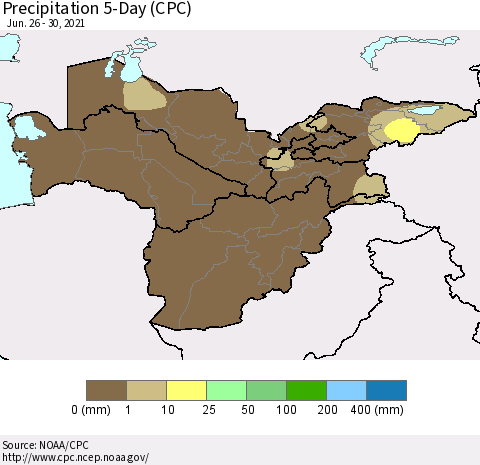 Central Asia Precipitation 5-Day (CPC) Thematic Map For 6/26/2021 - 6/30/2021