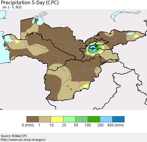 Central Asia Precipitation 5-Day (CPC) Thematic Map For 7/1/2021 - 7/5/2021