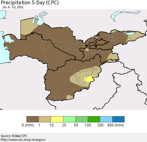 Central Asia Precipitation 5-Day (CPC) Thematic Map For 7/6/2021 - 7/10/2021