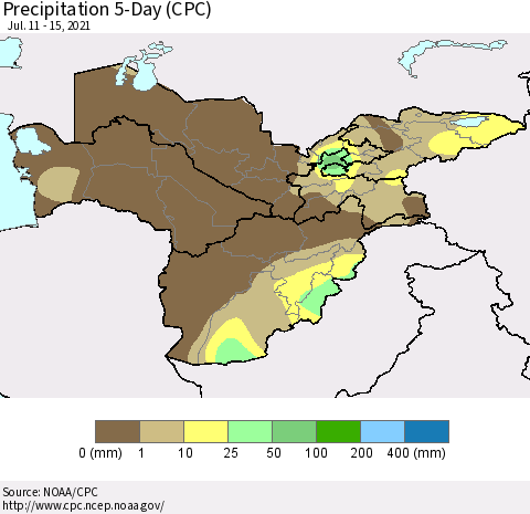 Central Asia Precipitation 5-Day (CPC) Thematic Map For 7/11/2021 - 7/15/2021