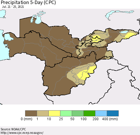 Central Asia Precipitation 5-Day (CPC) Thematic Map For 7/21/2021 - 7/25/2021