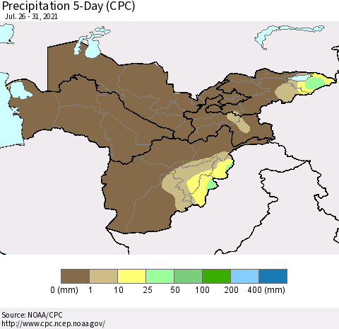 Central Asia Precipitation 5-Day (CPC) Thematic Map For 7/26/2021 - 7/31/2021