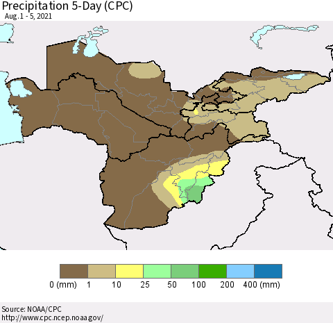 Central Asia Precipitation 5-Day (CPC) Thematic Map For 8/1/2021 - 8/5/2021