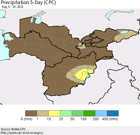 Central Asia Precipitation 5-Day (CPC) Thematic Map For 8/6/2021 - 8/10/2021