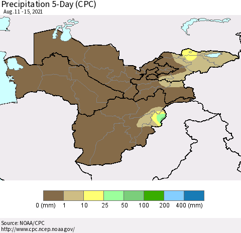 Central Asia Precipitation 5-Day (CPC) Thematic Map For 8/11/2021 - 8/15/2021