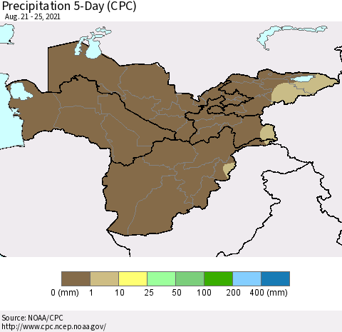 Central Asia Precipitation 5-Day (CPC) Thematic Map For 8/21/2021 - 8/25/2021