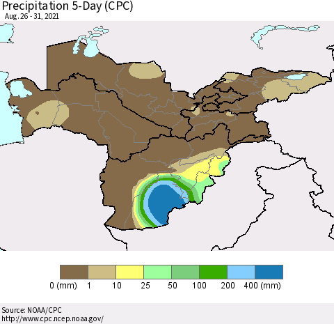 Central Asia Precipitation 5-Day (CPC) Thematic Map For 8/26/2021 - 8/31/2021