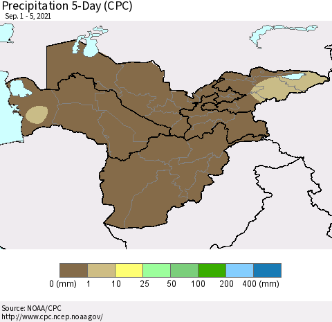 Central Asia Precipitation 5-Day (CPC) Thematic Map For 9/1/2021 - 9/5/2021