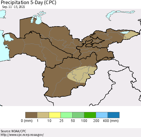 Central Asia Precipitation 5-Day (CPC) Thematic Map For 9/11/2021 - 9/15/2021