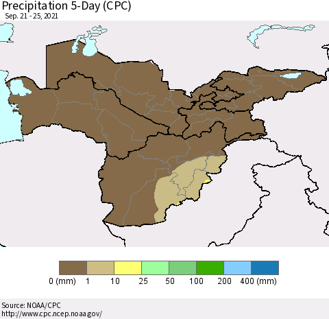 Central Asia Precipitation 5-Day (CPC) Thematic Map For 9/21/2021 - 9/25/2021