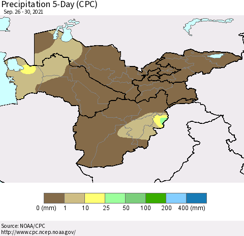 Central Asia Precipitation 5-Day (CPC) Thematic Map For 9/26/2021 - 9/30/2021