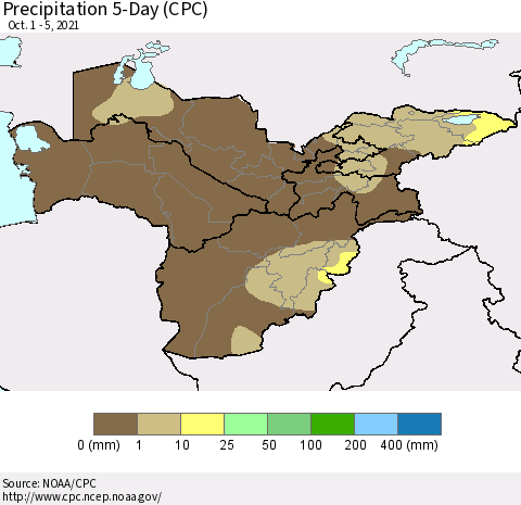 Central Asia Precipitation 5-Day (CPC) Thematic Map For 10/1/2021 - 10/5/2021