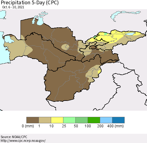 Central Asia Precipitation 5-Day (CPC) Thematic Map For 10/6/2021 - 10/10/2021