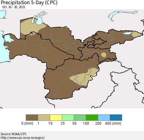 Central Asia Precipitation 5-Day (CPC) Thematic Map For 10/16/2021 - 10/20/2021