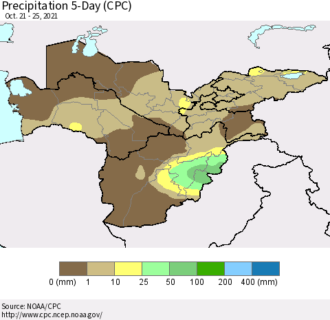 Central Asia Precipitation 5-Day (CPC) Thematic Map For 10/21/2021 - 10/25/2021