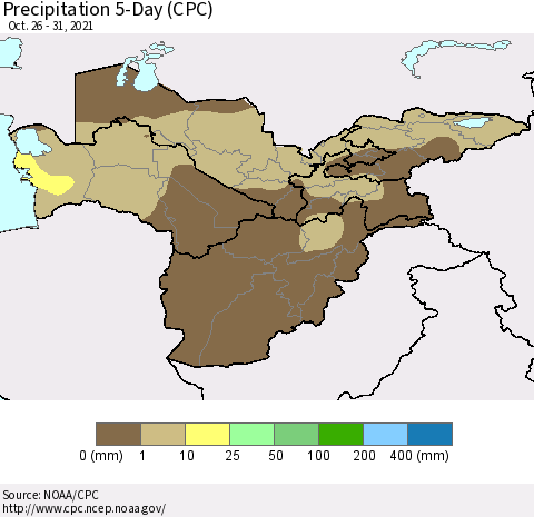 Central Asia Precipitation 5-Day (CPC) Thematic Map For 10/26/2021 - 10/31/2021