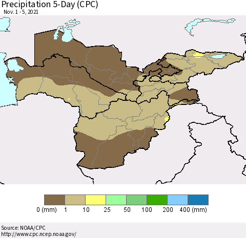 Central Asia Precipitation 5-Day (CPC) Thematic Map For 11/1/2021 - 11/5/2021