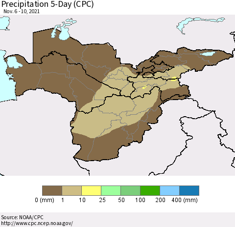 Central Asia Precipitation 5-Day (CPC) Thematic Map For 11/6/2021 - 11/10/2021