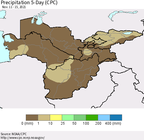 Central Asia Precipitation 5-Day (CPC) Thematic Map For 11/11/2021 - 11/15/2021