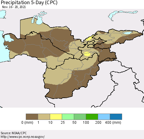 Central Asia Precipitation 5-Day (CPC) Thematic Map For 11/16/2021 - 11/20/2021