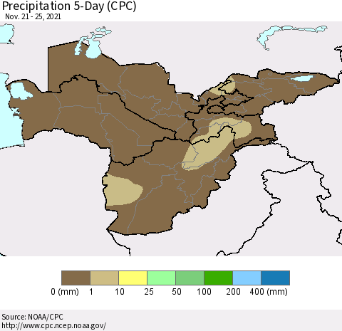 Central Asia Precipitation 5-Day (CPC) Thematic Map For 11/21/2021 - 11/25/2021