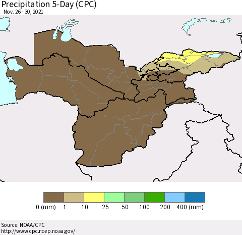 Central Asia Precipitation 5-Day (CPC) Thematic Map For 11/26/2021 - 11/30/2021