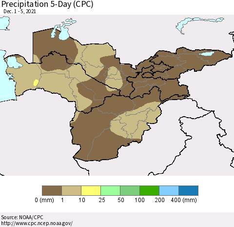 Central Asia Precipitation 5-Day (CPC) Thematic Map For 12/1/2021 - 12/5/2021