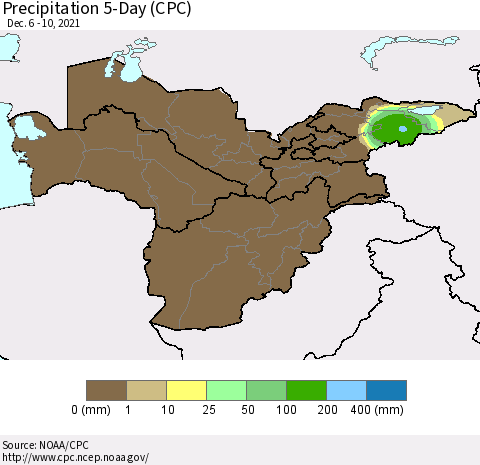 Central Asia Precipitation 5-Day (CPC) Thematic Map For 12/6/2021 - 12/10/2021