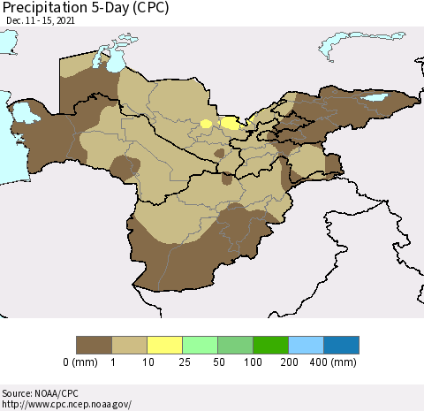 Central Asia Precipitation 5-Day (CPC) Thematic Map For 12/11/2021 - 12/15/2021