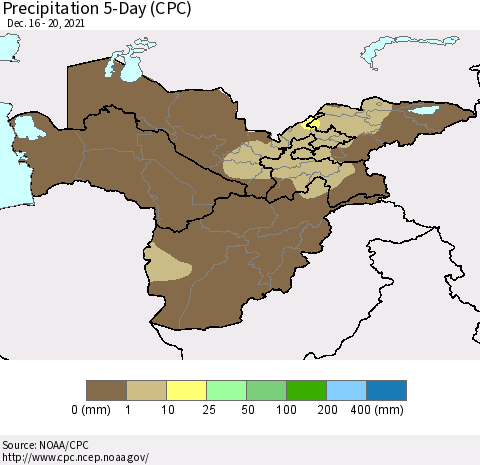 Central Asia Precipitation 5-Day (CPC) Thematic Map For 12/16/2021 - 12/20/2021